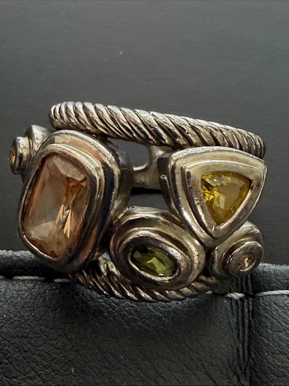 Sterling Silver Multi-Gem Statement Ring with Olive and Champagne Stones
